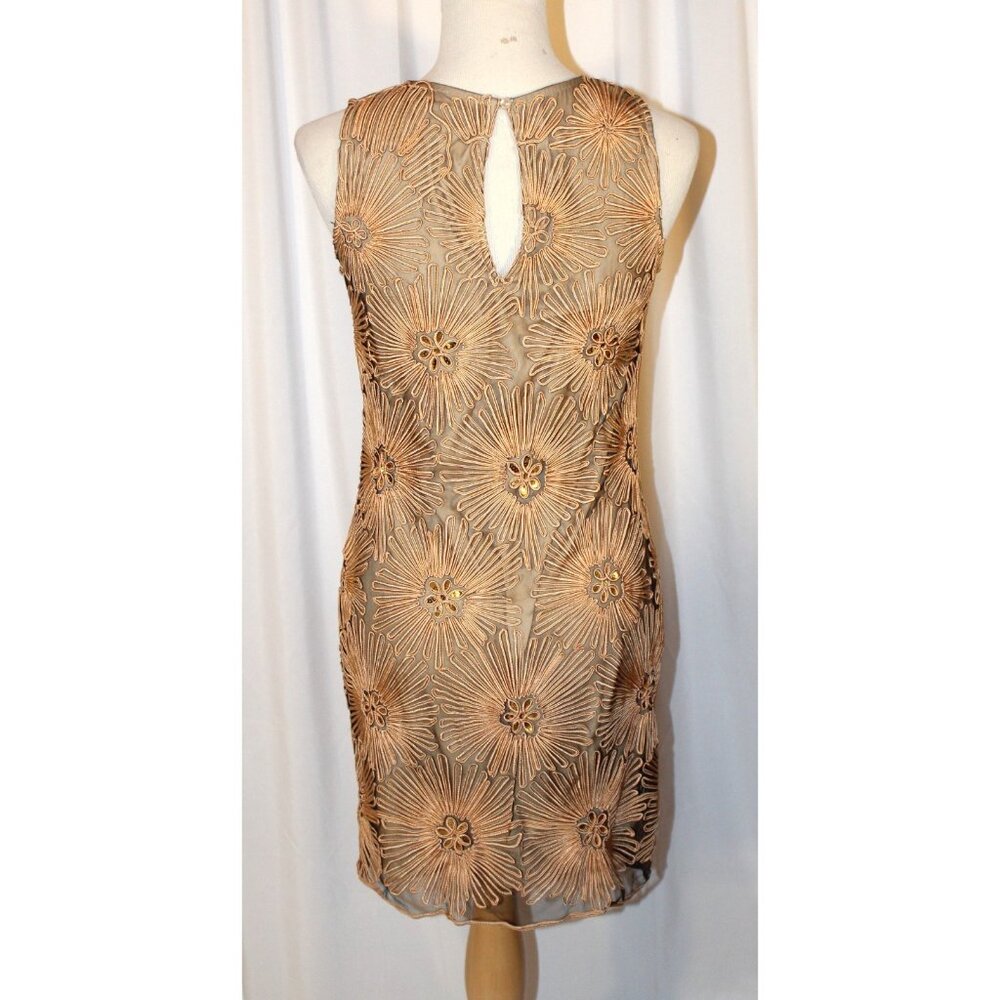 Belle Badgley Mischka Sz 6 Champagne Gold Applique Floral Sheath Cocktail Dress - Picture 3 of 5